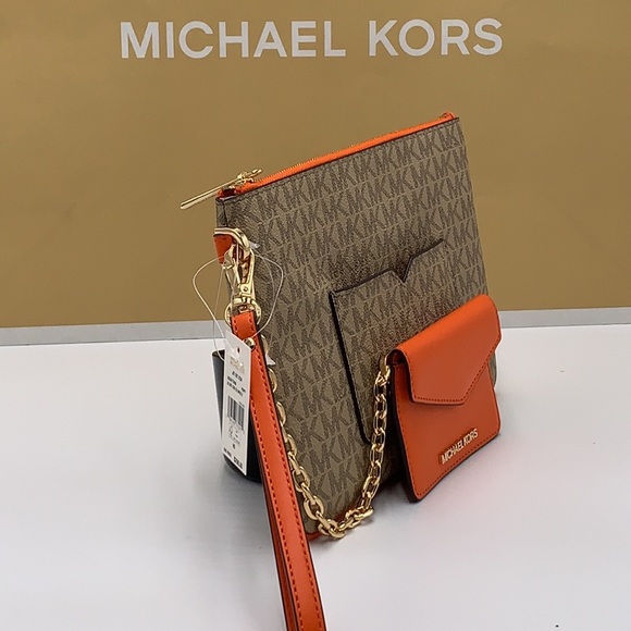 Michael Kors Jet Set LG 2 in 1 card case wristlet Wallet POPPY BROWN SIGNATURE - Picture 8 of 16